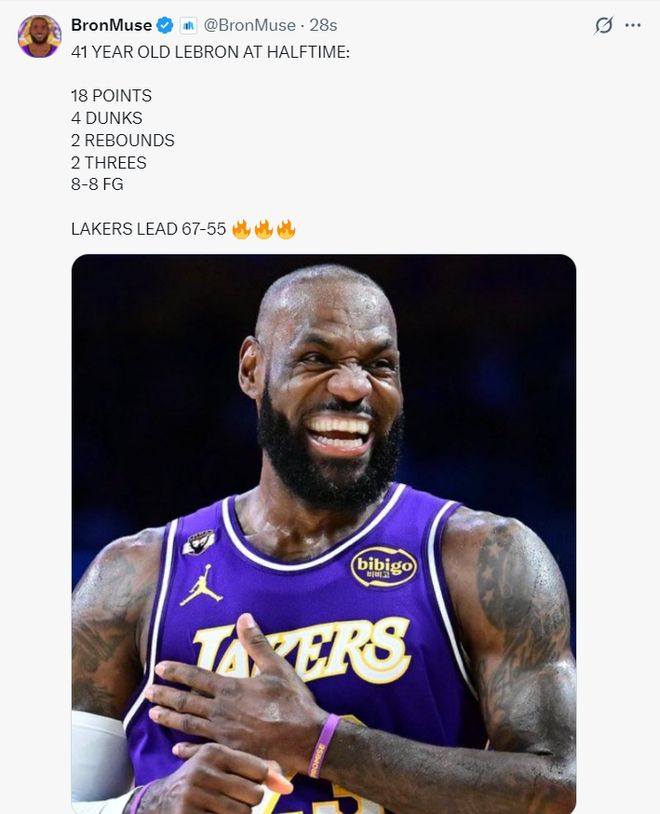 勒布朗半场轰18分刷新纪录 湖人逆转火箭稳住西